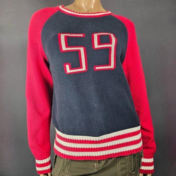 Vintage 90s Y2K Varsity Sweater Blokette Preppy Retro Size XL Blue Red Cotton - Picture 1 of 11